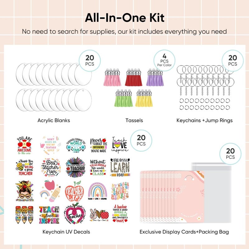 YOPPIX 140 PCS Acrylic Keychain Blank Set, Teachers Double-Sided UV DTF Stickers Acrylic Keychain Making Kits for Vinyl DIY Craft Project - Image 3